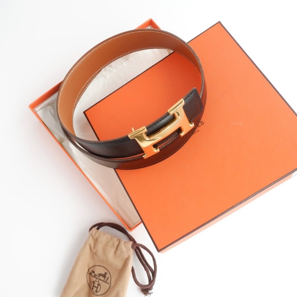 Authentic Preowned Hermes Black/ Brown H Belt GHW - 65 - Picture 1 of 13